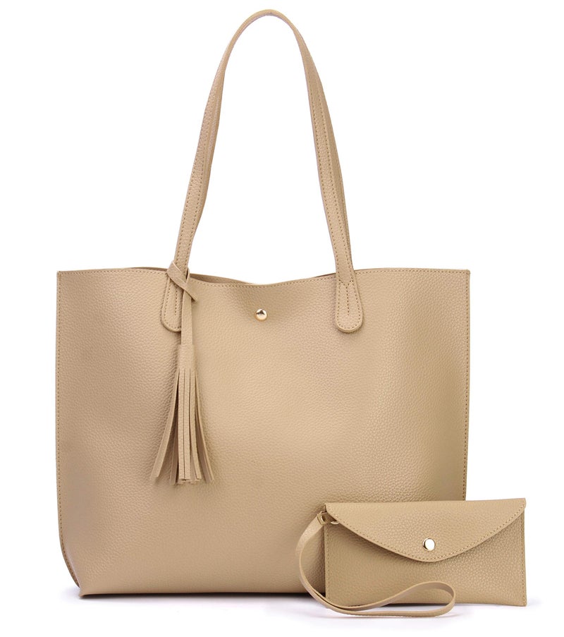 Hoxis Minimalist Clean Cut Pebbled Faux Leather Tote Womens Shoulder Handbag (New Beige) - Image 1